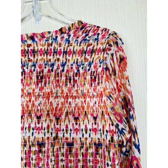 Rose + Olive Size XL Colorful Print Smocked Popover Top Boho Peasant Orange Red - Picture 10 of 12